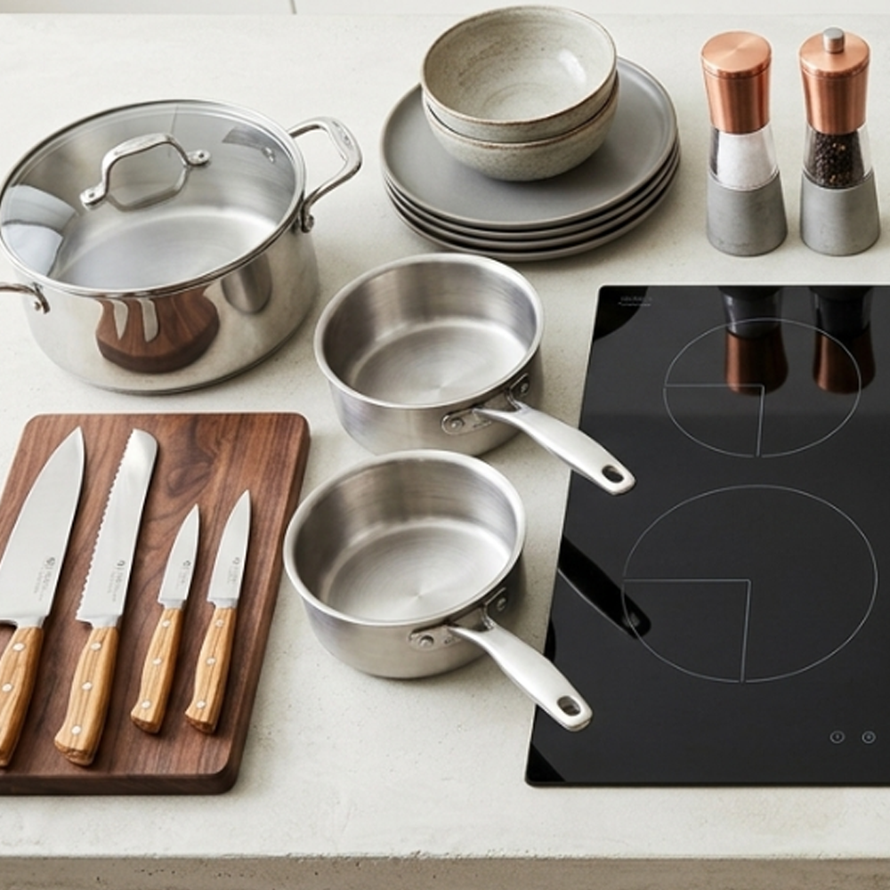 Artículos de cocina ordenados sobre mesón